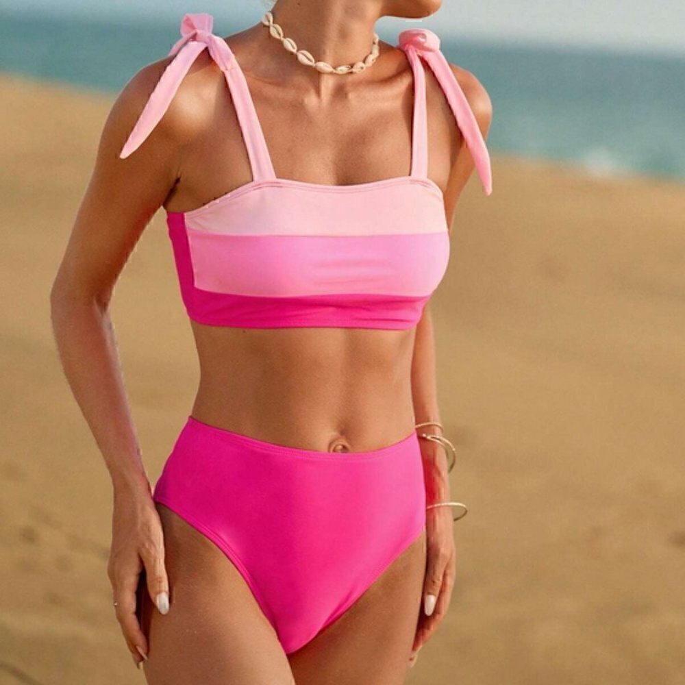 pink colorblock tie shoulder bikini - Picture 4 of 6